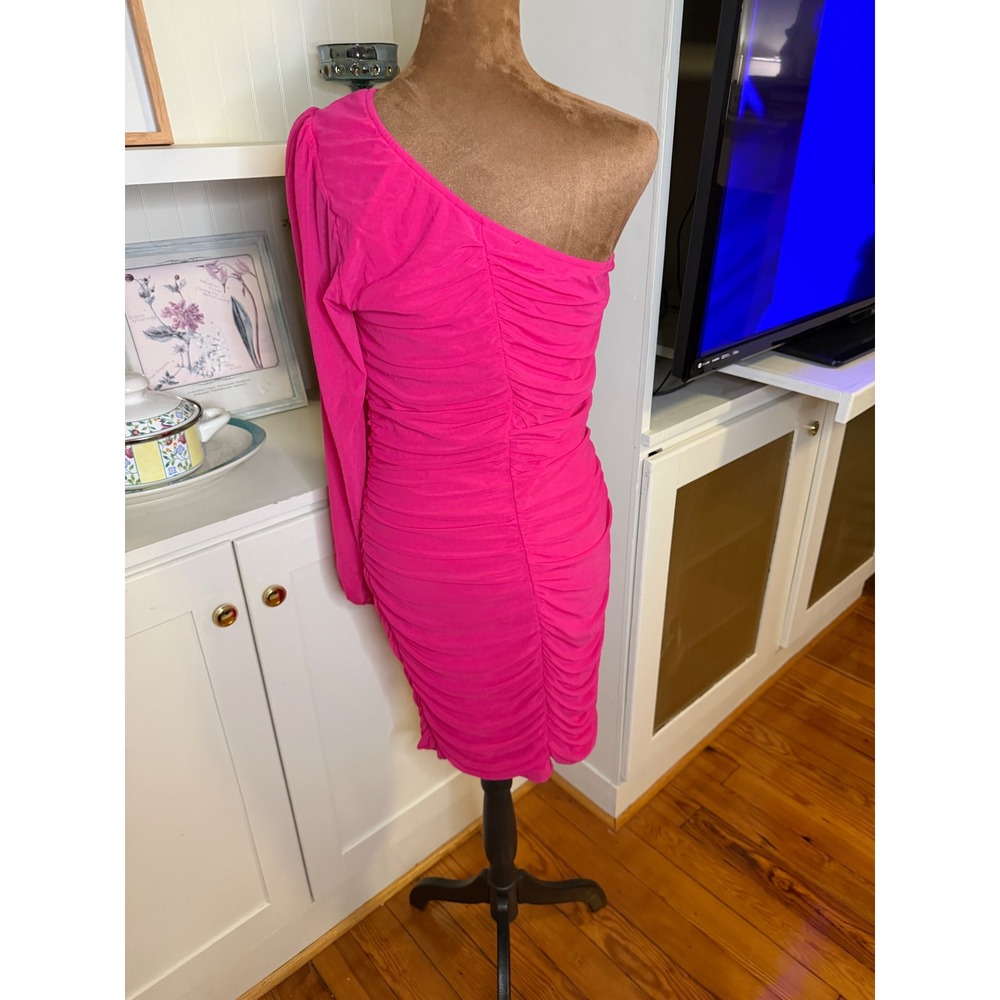 BTFBM Hot Pink One Shoulder Ruched Bodycon Mini Dress Long Sleeve Large - Picture 3 of 4